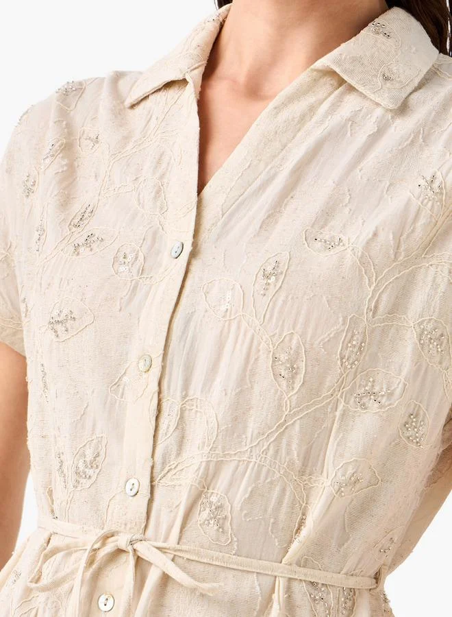 ايكونيك Belted Midi Shirt Dress with Embroidered Design